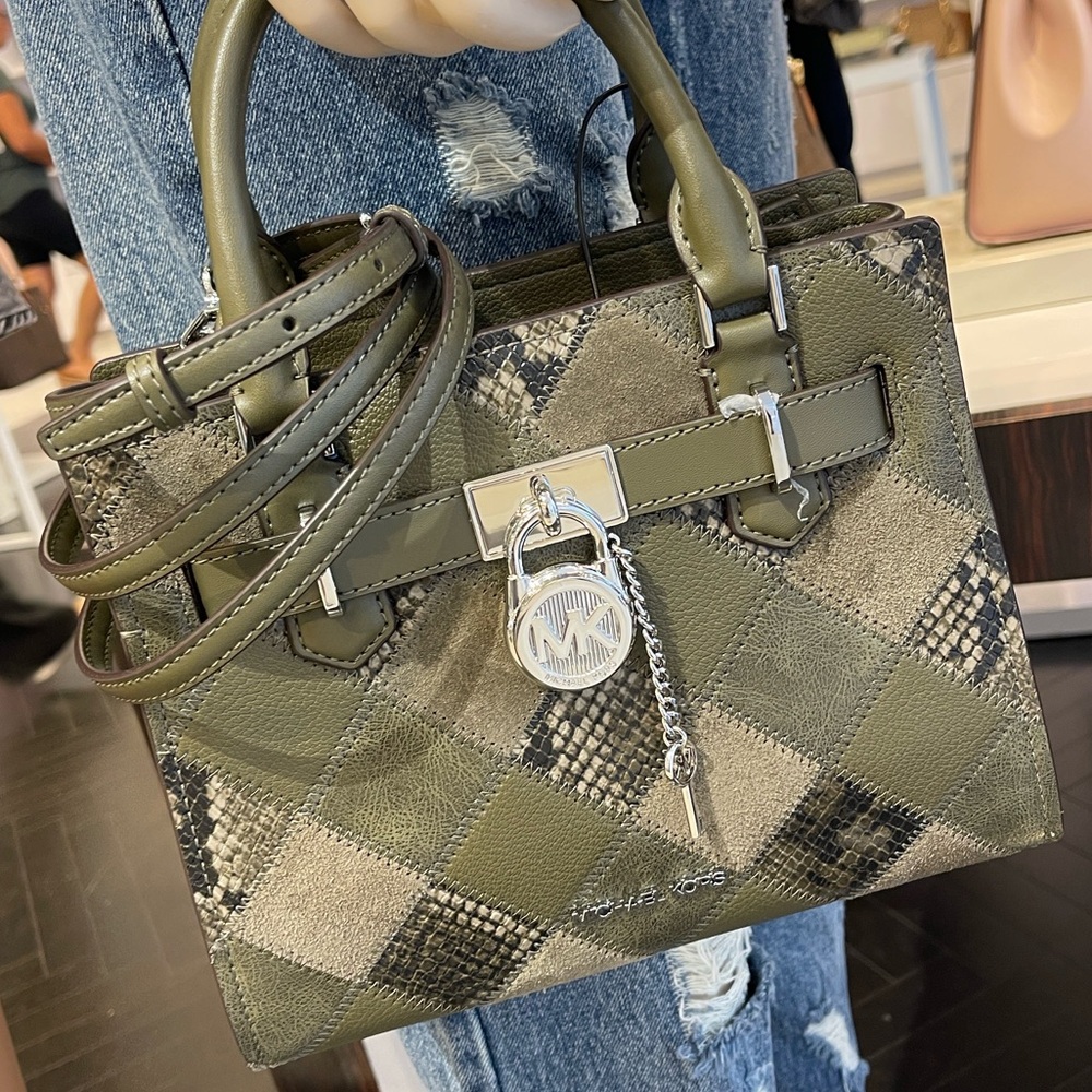 Michael Kors Hamilton Small Patchwork Satchel Crossbody Bag Olive Nwt